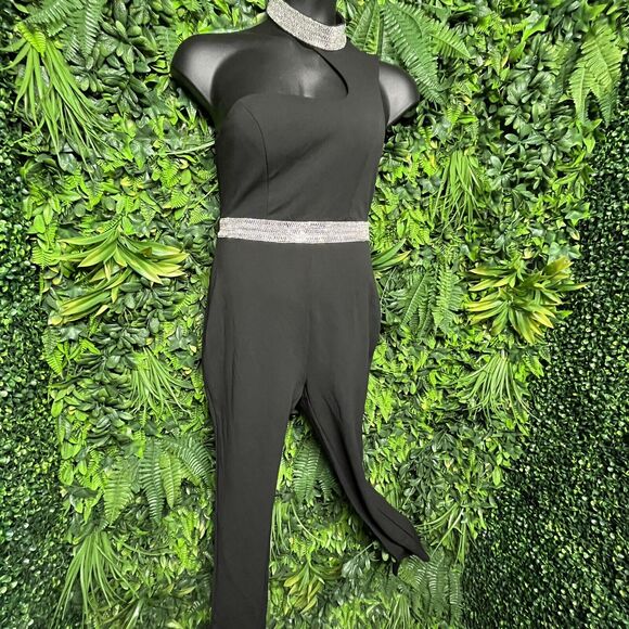 Women Jumpsuit Large Black Pants High Neckline Stoned Accent Fitted Ipoe 1710 - Picture 6 of 8